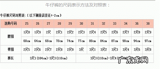 裤子尺寸对照表
