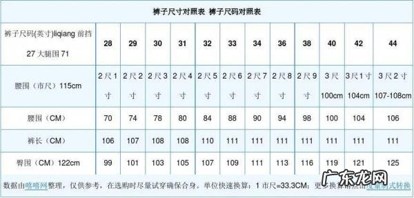 裤子尺码对照表